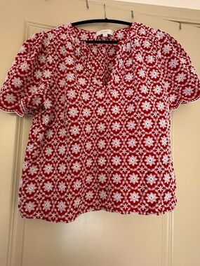 LOFT Red and White Eyelet Floral Puff Sleeve Blouse